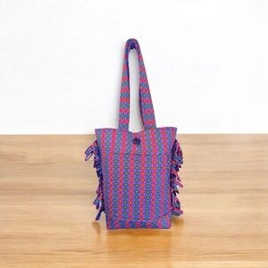 Red and Blue Geometric Pattern Tote Bag with Fringe